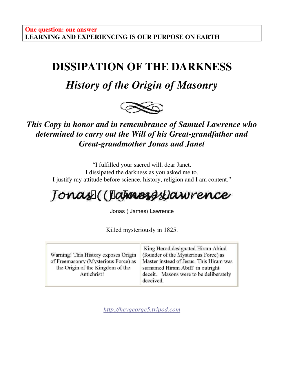 G S Lawrence - Dissipation of the Darkness - History of the Origin of Freemasonry cover