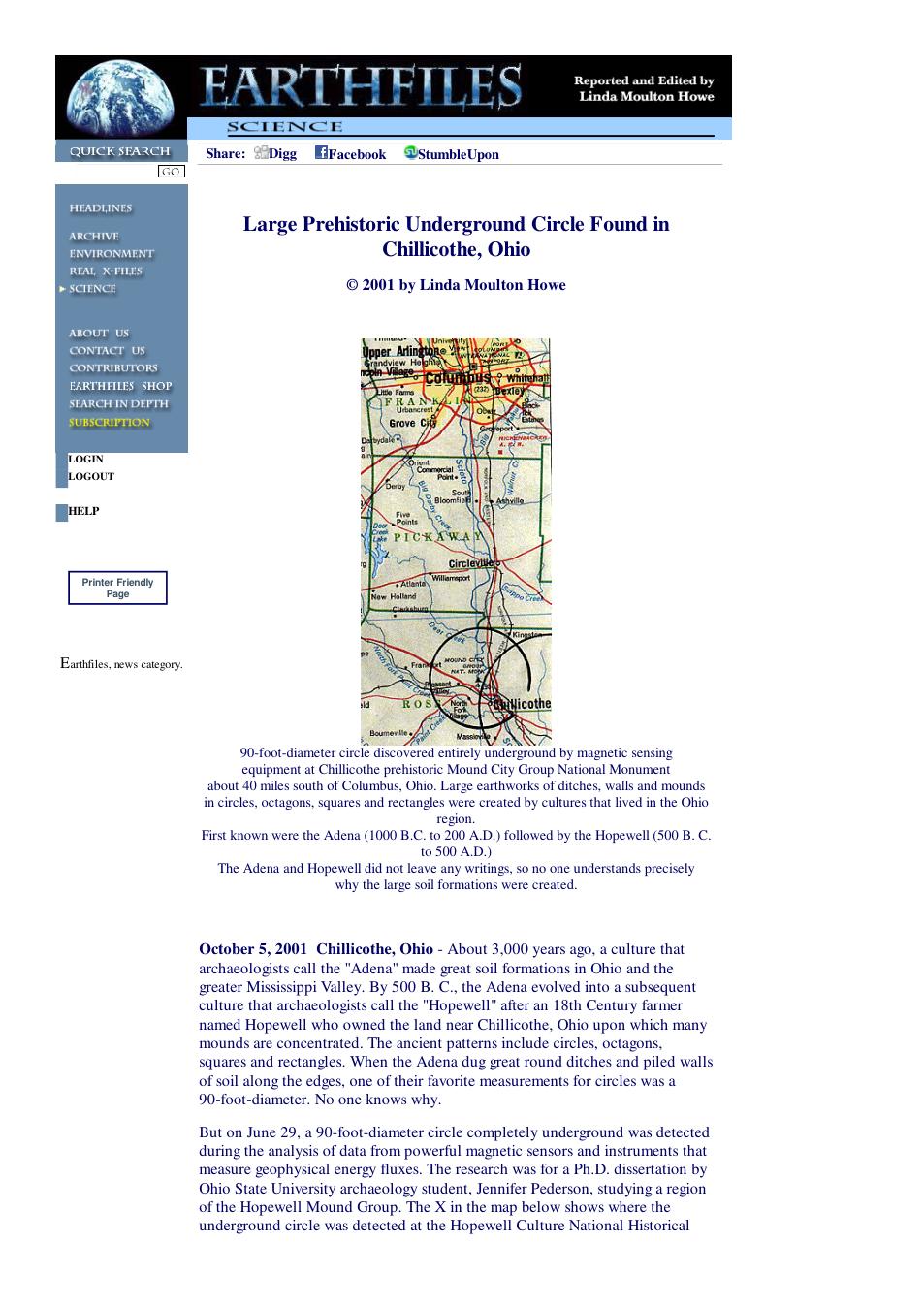 10 05 2001 Large Prehistoric Underground Circle Found in Chillicothe, Ohio cover