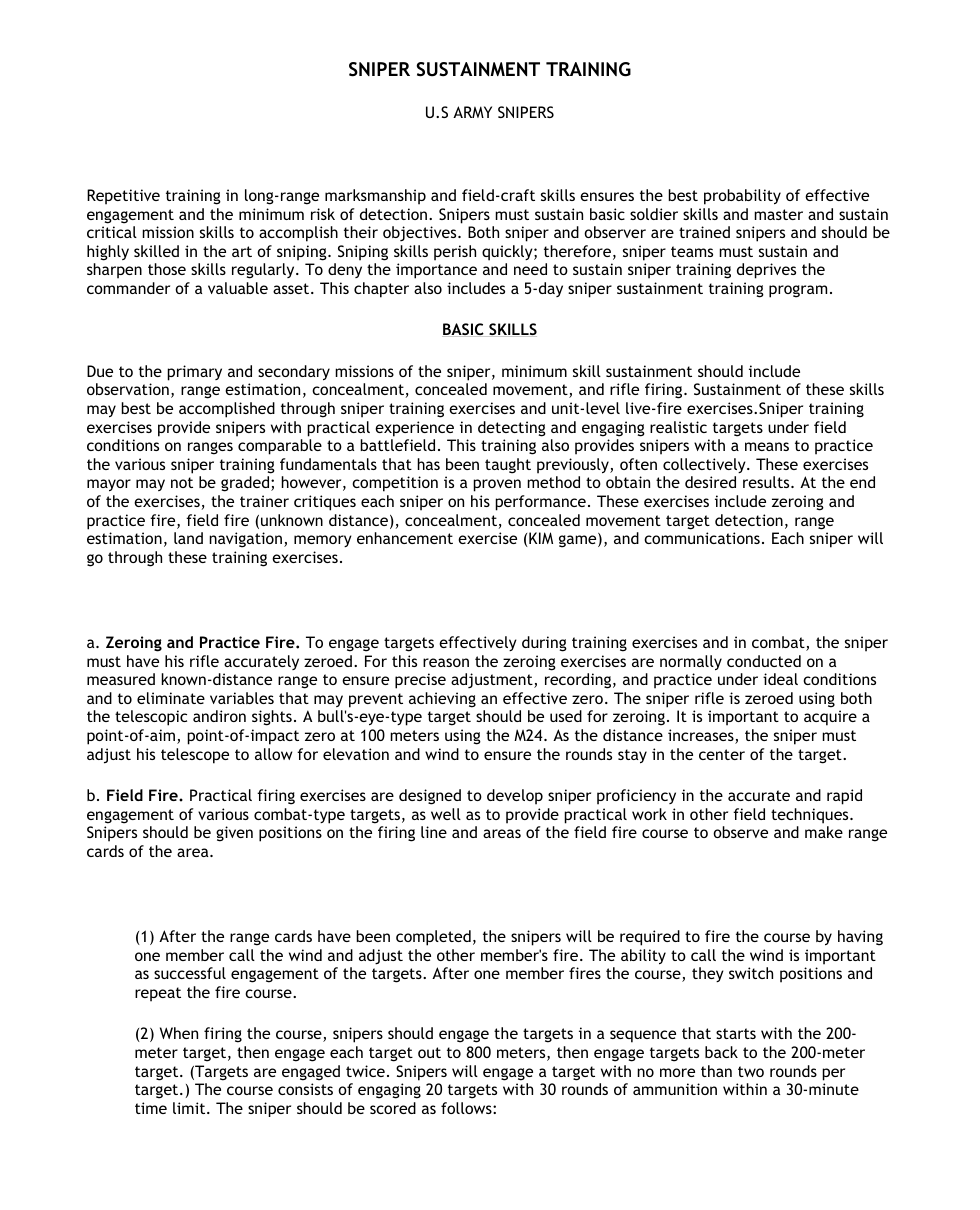 ARMY Sniper Sustainment Training 21 pages cover