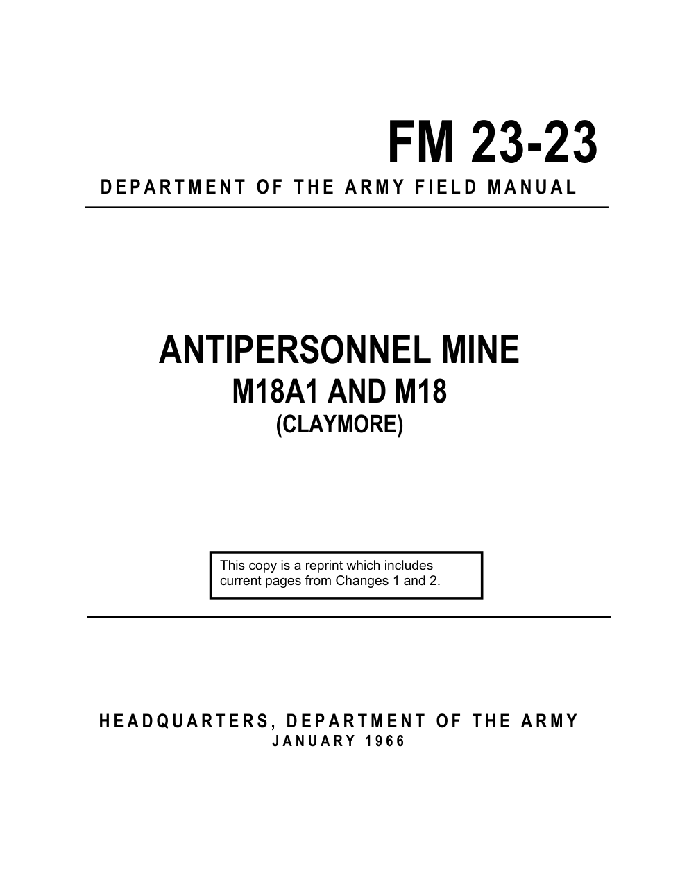 ARMY Claymore Mine M18A1, M18 1966 43 pages cover