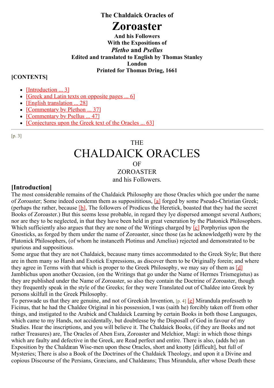 The Chaldaick Oracles of Zoroaster, 1661 cover