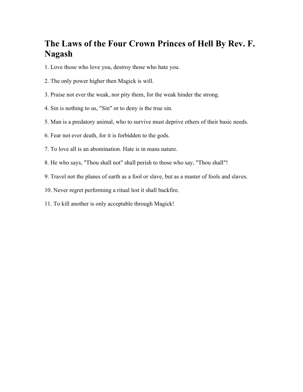 The Laws of the Four Crown Princes of Hell By Rev. F. Nagash cover