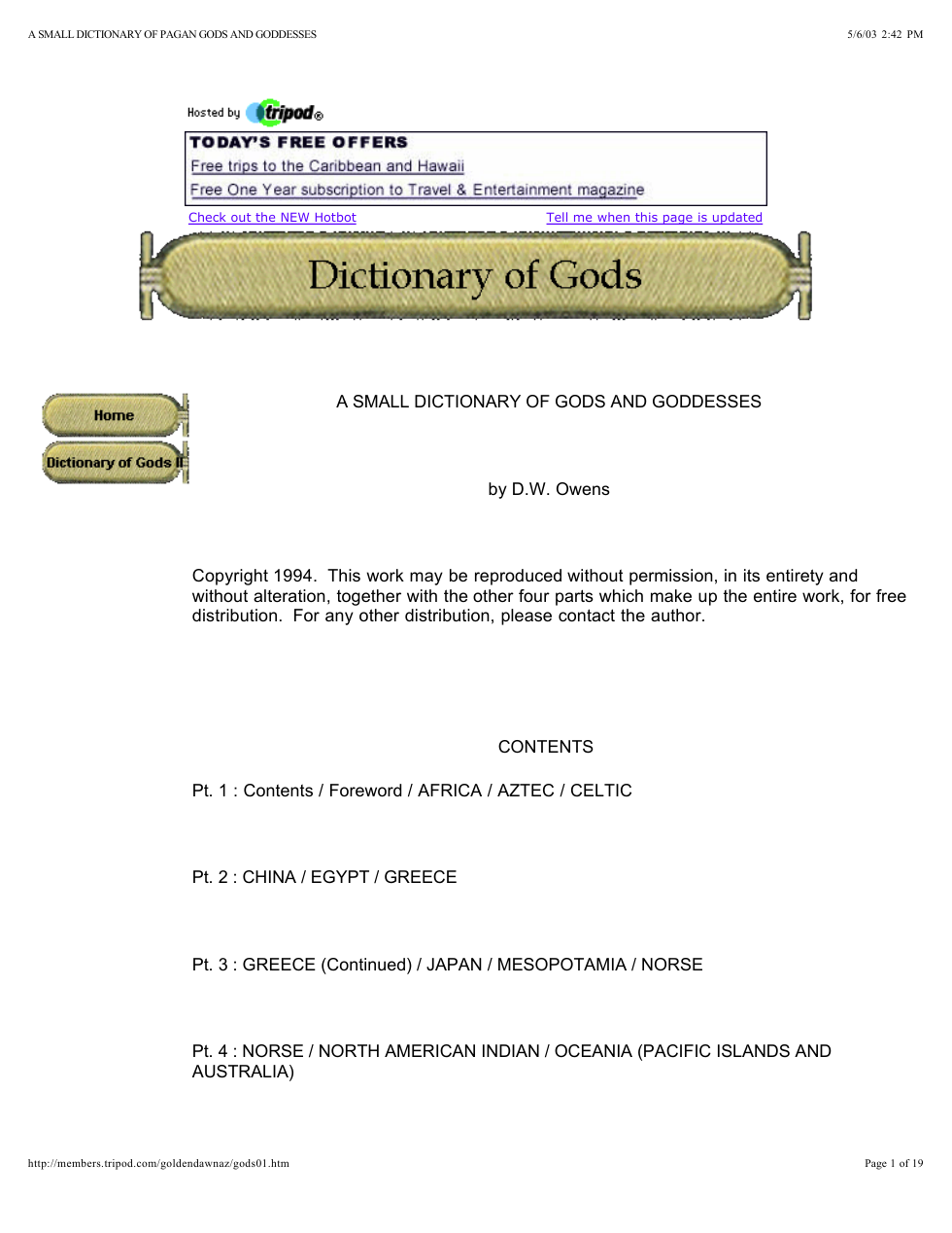 Dw Owens - Dictionary Of Gods A Small Dictionary Of Pagan Gods And Goddess cover