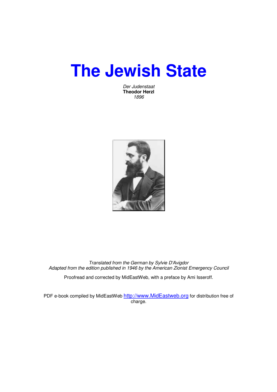 Herzl - The Jewish State (founder of Zionism) (1896) cover