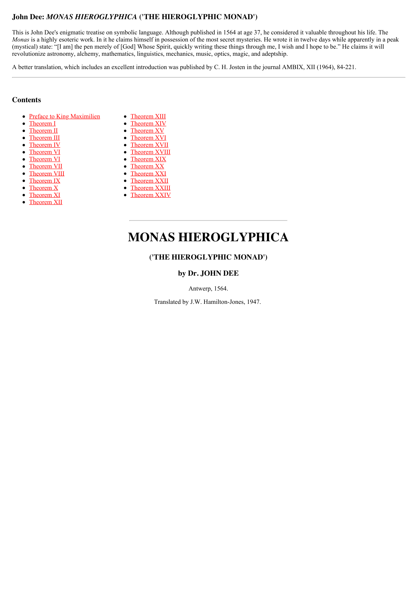 Monas Hieroglyphica (The Hieroglyphic Monad) of John Dee cover