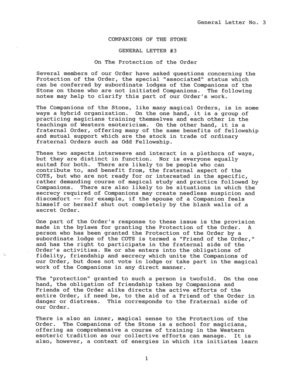 General Letter 3 - On the Protection of the Order cover