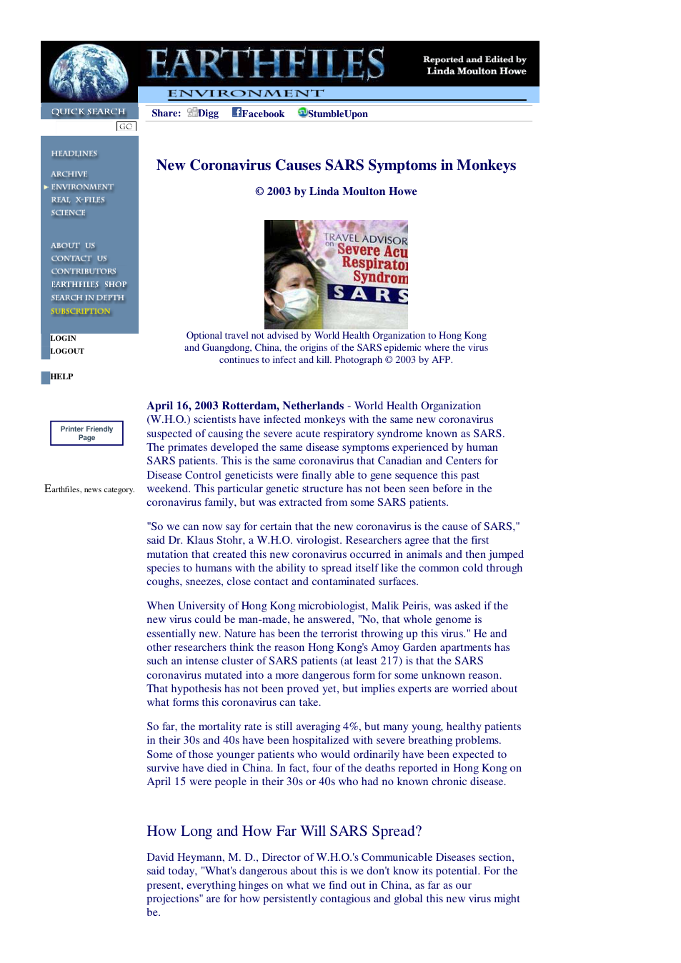 04 16 2003 New Coronavirus Causes SARS Symptoms in Monkeys cover