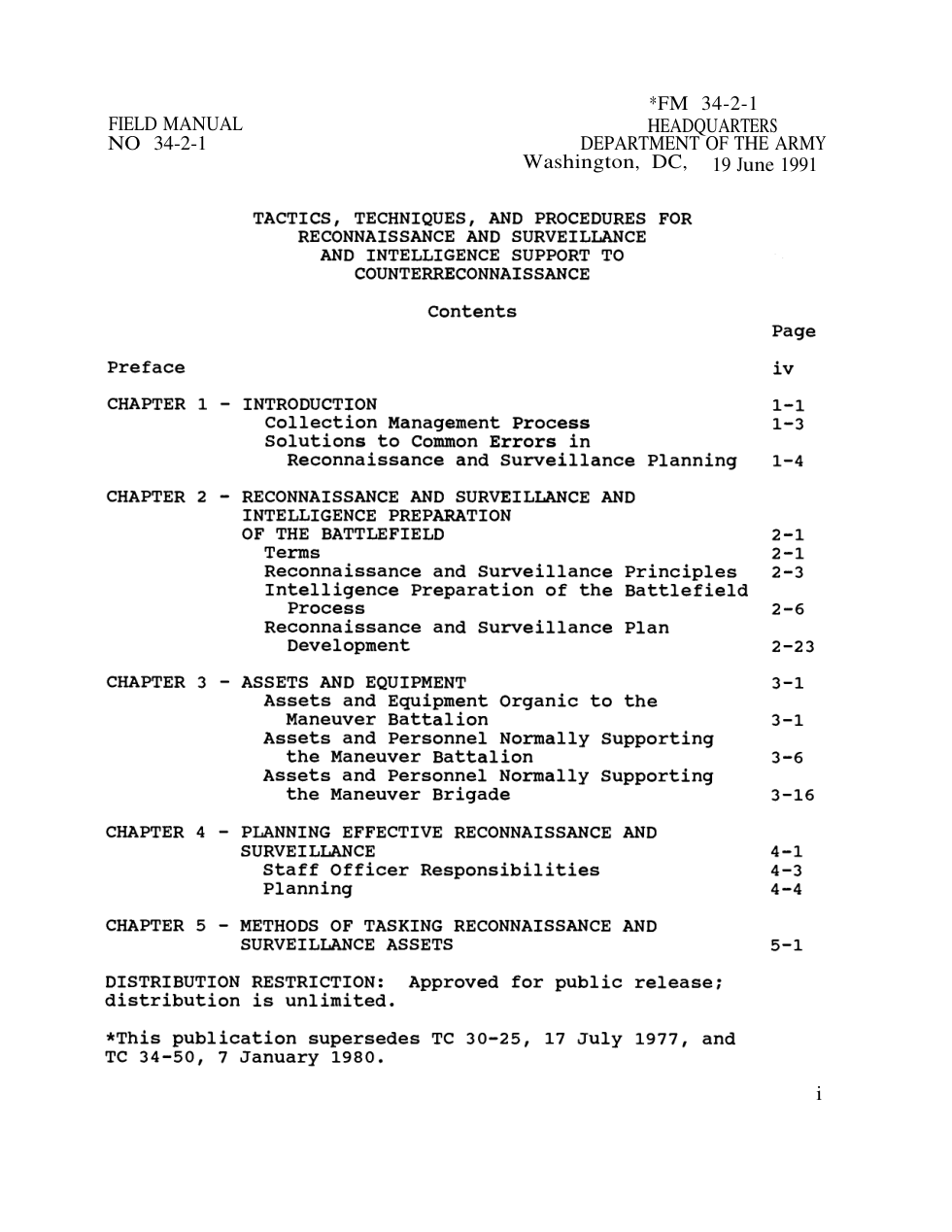 ARMY Recon and Surveillance Support 1991, 227 pages cover