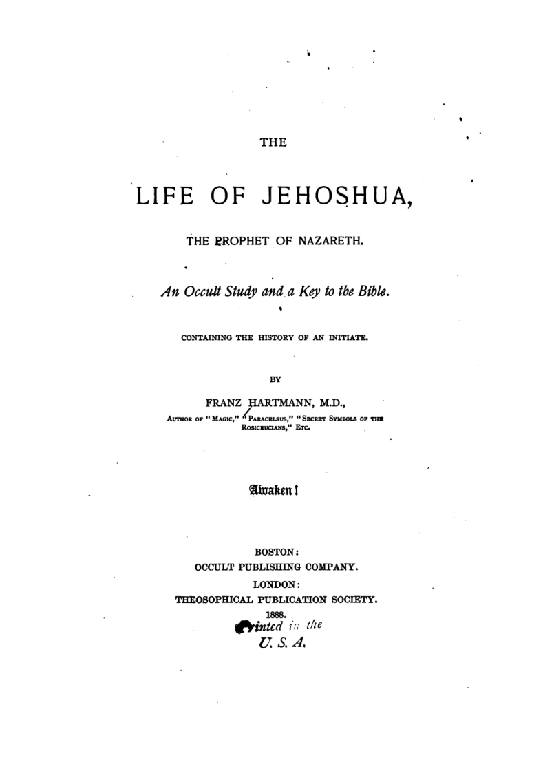 The Life Of Jehoshua - F Hartmann cover