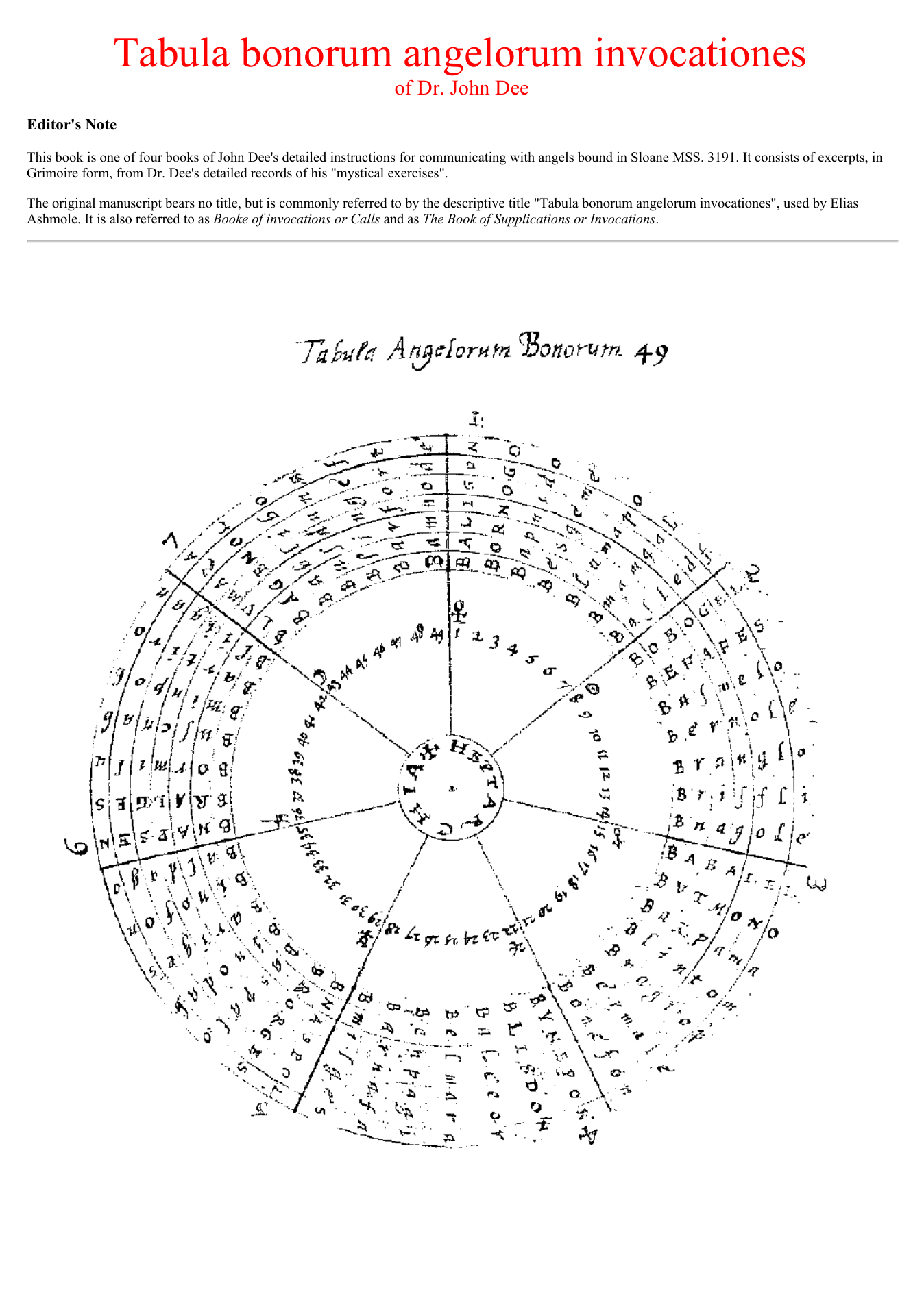 John Dee - Tabula Bonorum Angelorum Invocationes cover