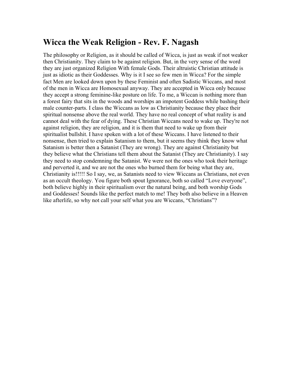 Wicca the Weak Religion - Rev. F. Nagash cover