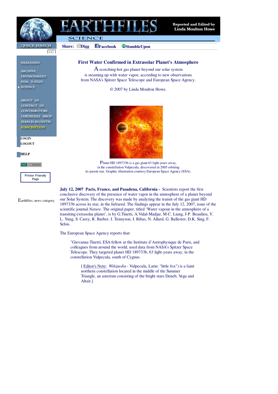 07 12 2007 First Water Confirmed in Extrasolar Planet's Atmosphere cover