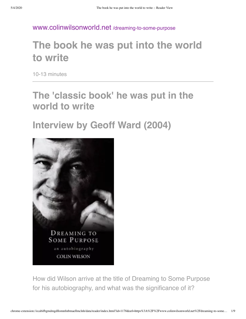 Colin Wilson - Interview - Book He Was Put Into The World To Write cover
