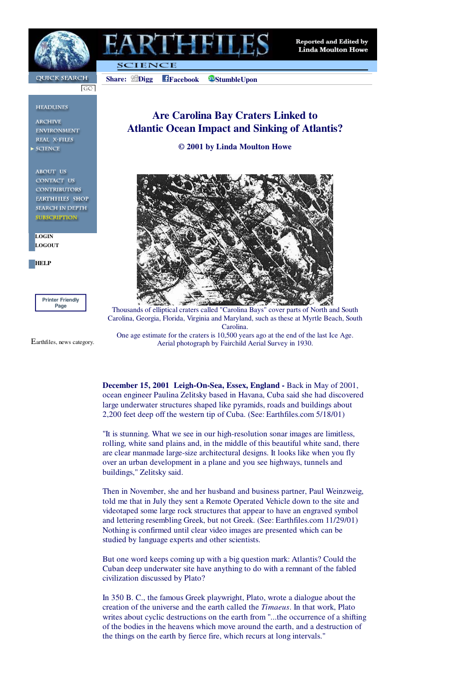 12 15 2001 Are Carolina Bay Craters Linked to Atlantic Ocean Impact and Sinking of Atlantis cover
