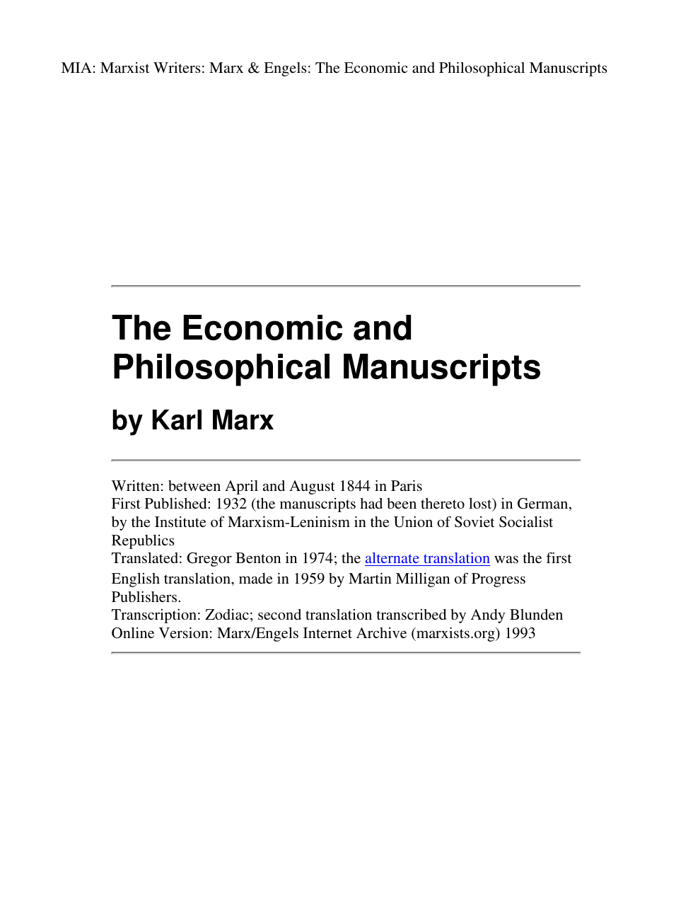 Marx, Karl - Economic and Philosophical Manuscripts cover