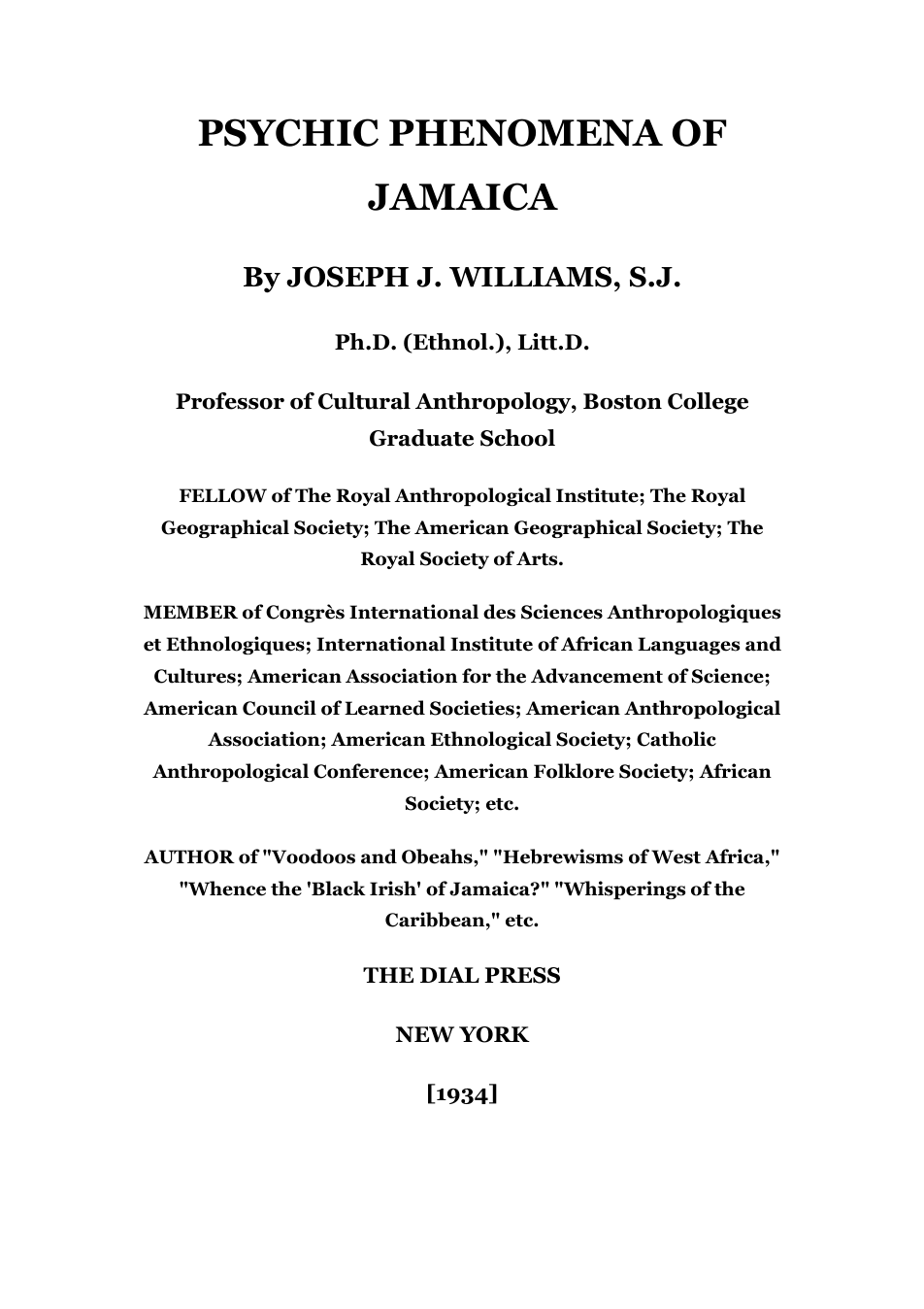 Psychic Phenomena Of Jamaica - J J Williams cover