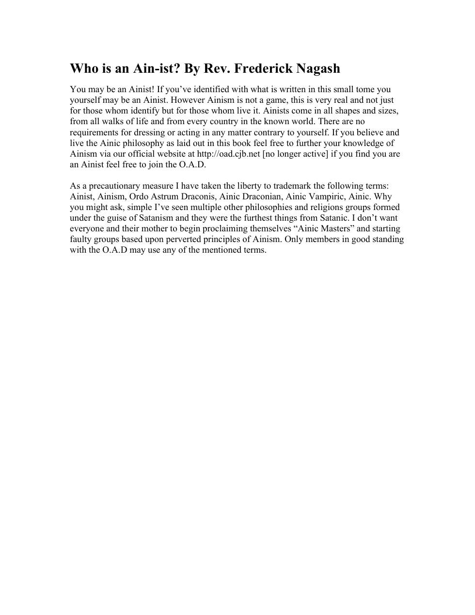 Who is an Ain-ist By Rev. Frederick Nagash cover