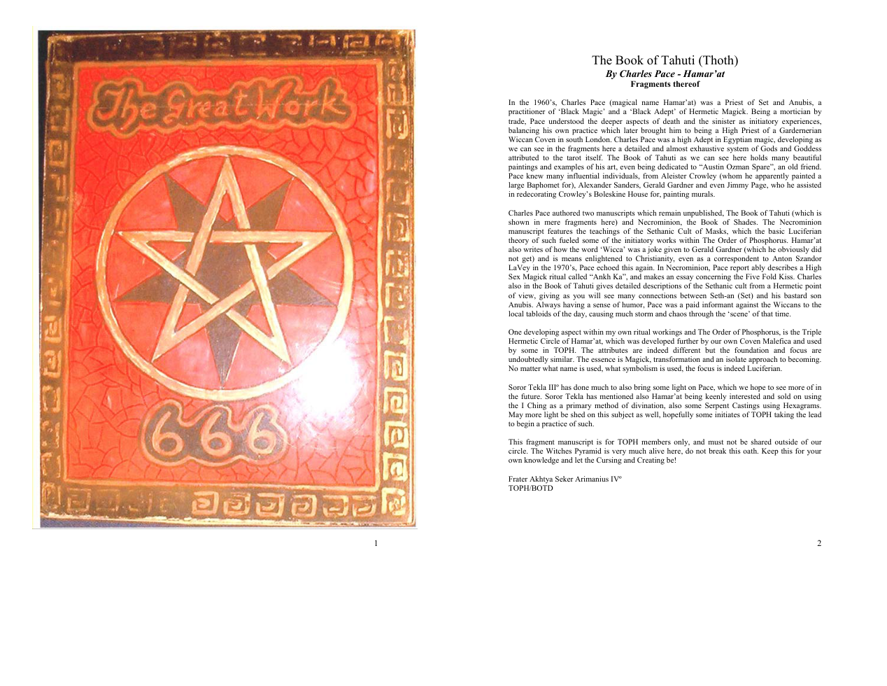Charles Pace-Hamar 'at - The Book of Tahuti (Thoth) cover