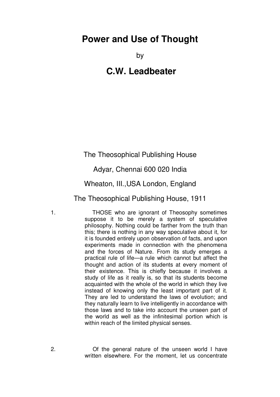 C W Leadbeater - Power and Use of Thought cover