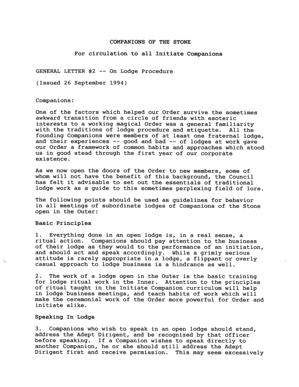 1994 General Letter 2 - On Lodge Procedure cover