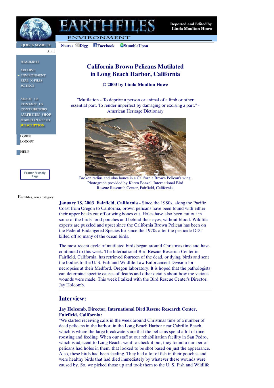 01 18 2003 California Brown Pelicans Mutilated in Long Beach Harbor, California cover