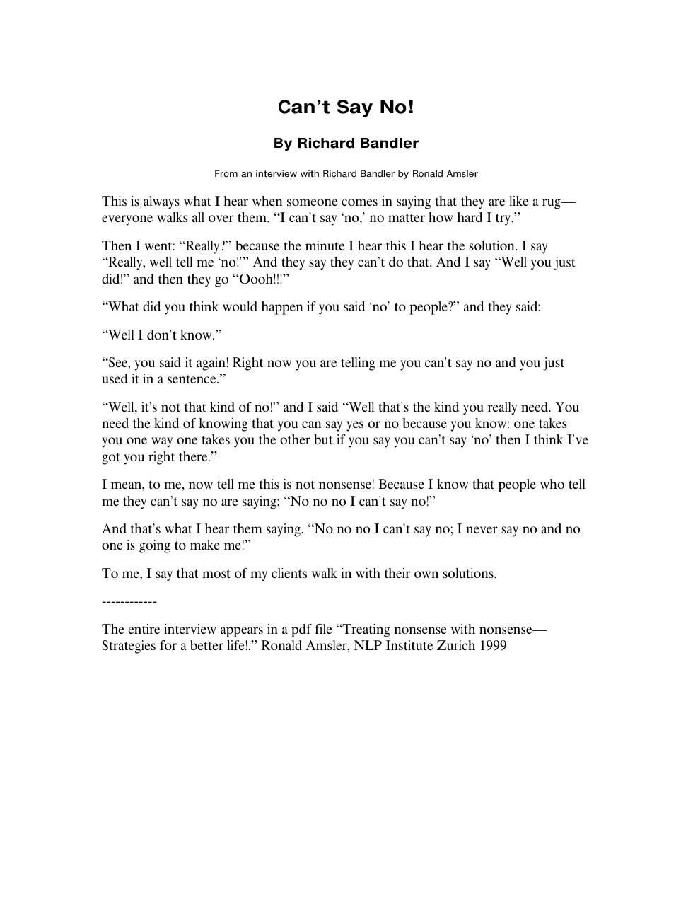 Richard Bandler - Can't Say No cover