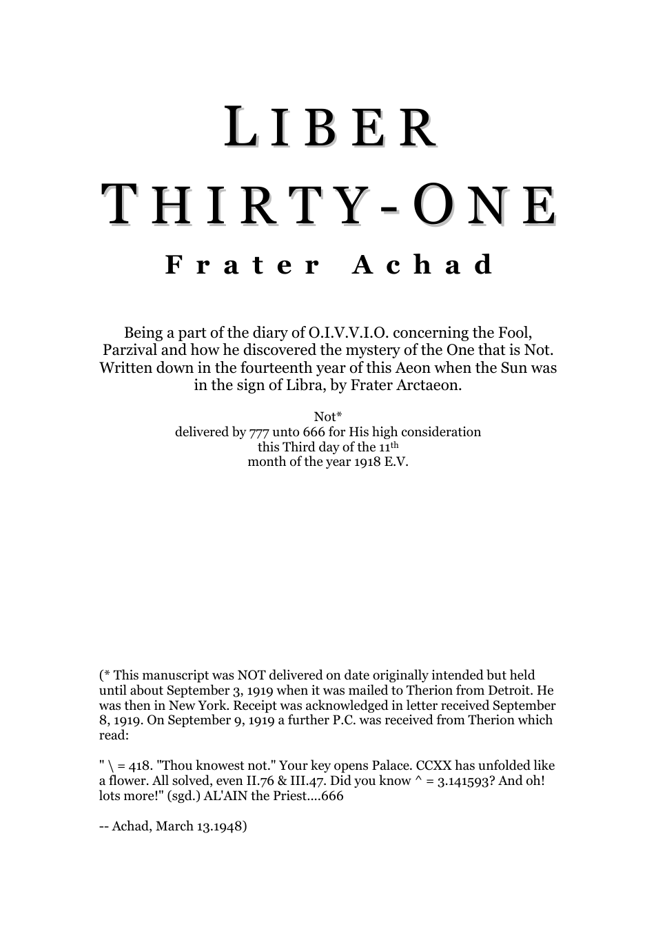 Liber Thirty One - Frater Achad cover