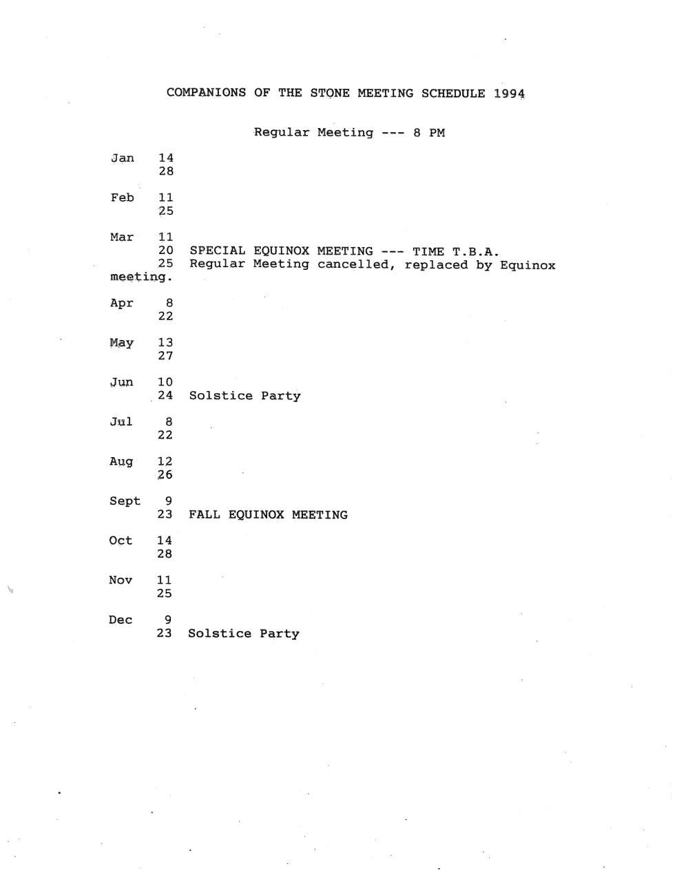 Emerald Lodge Meeting Schedule 1994 - 1997 cover