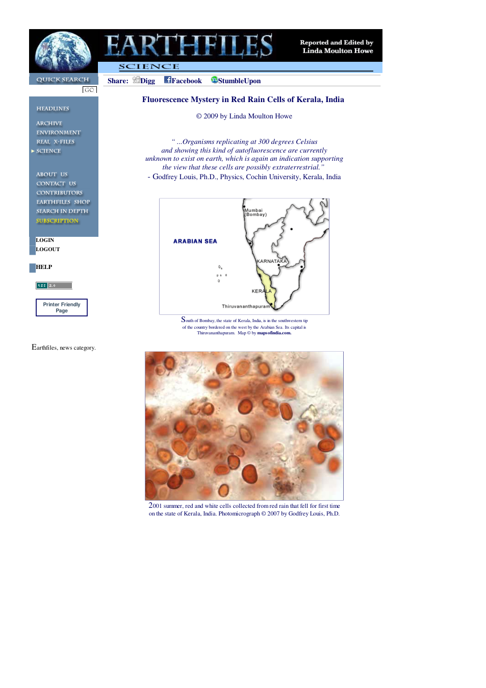 02 14 2009 Fluorescence Mystery in Red Rain Cells of Kerala, India cover