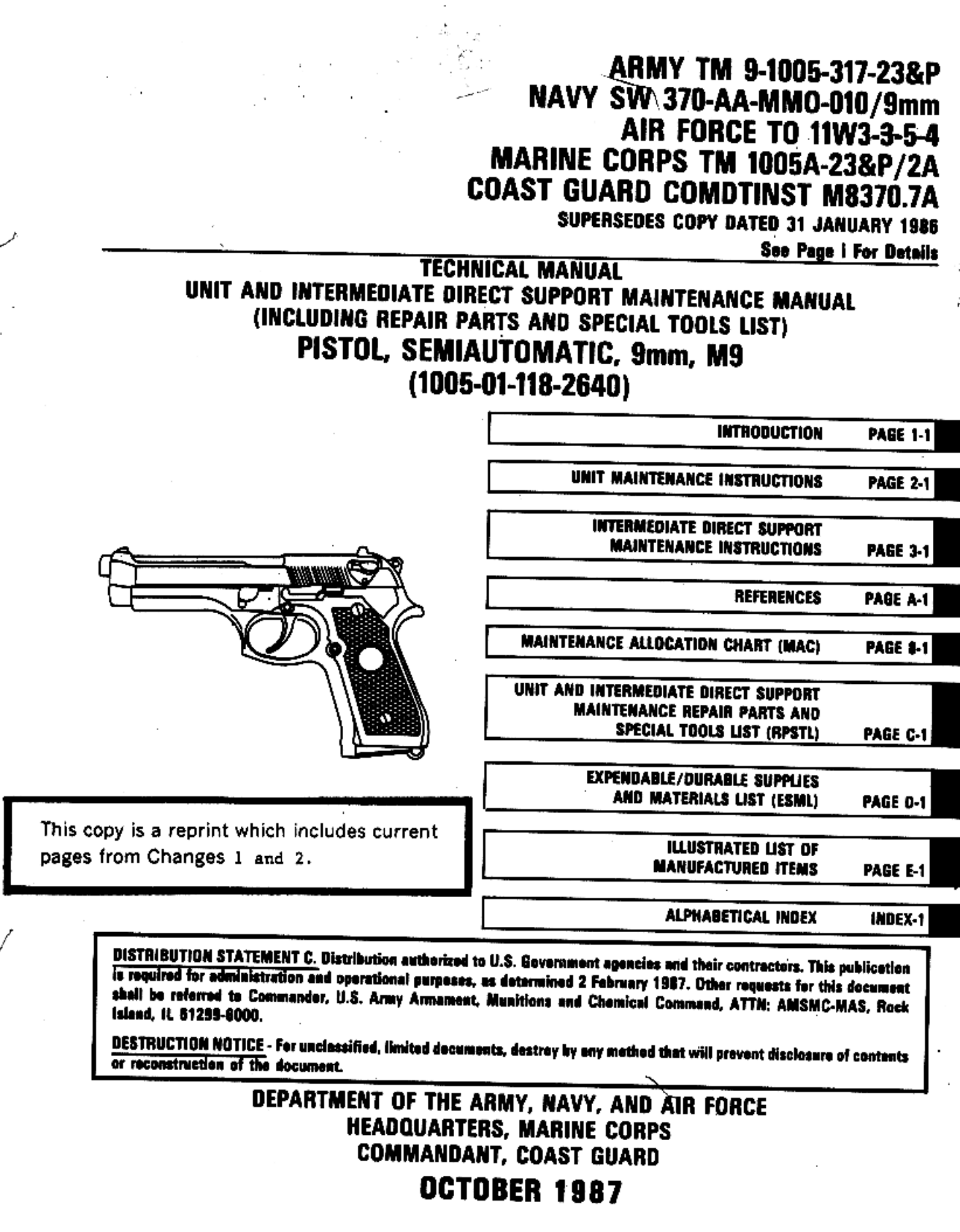 ARMY M9 9mm Pistol Tm 9-1005 1987 71 pages cover