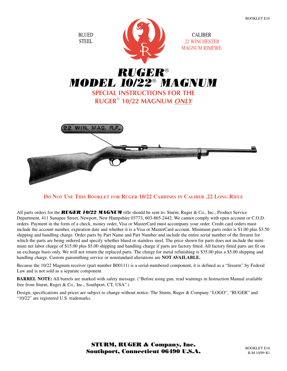Ruger 10-22 Magnum Parts List cover