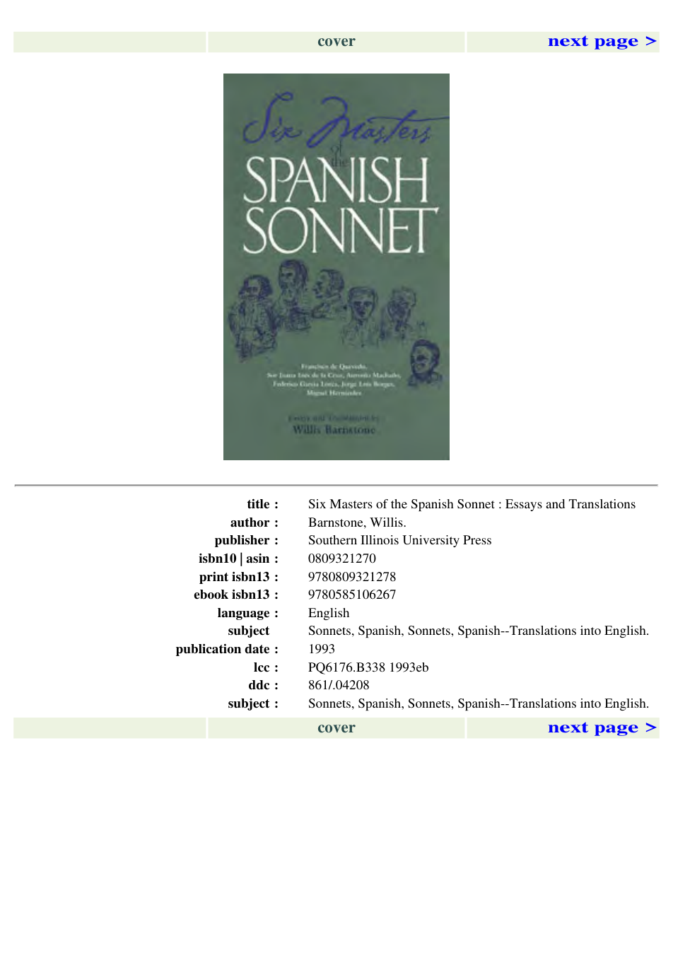 Willis Barnstone Six Masters of the Spanish Sonnet Francisco de Quevedo, Sor Juana Ines de la Cruz, Antonio Machado, Federico Garcia Lorca, Jorge Luis Borges, Miguel cover