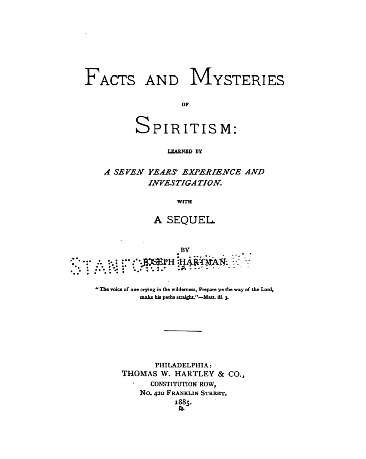 Facts & Mysteries Of Spiritism - J Hartman cover