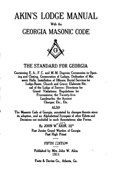 Akin's Lodge Manual - J W Akin cover