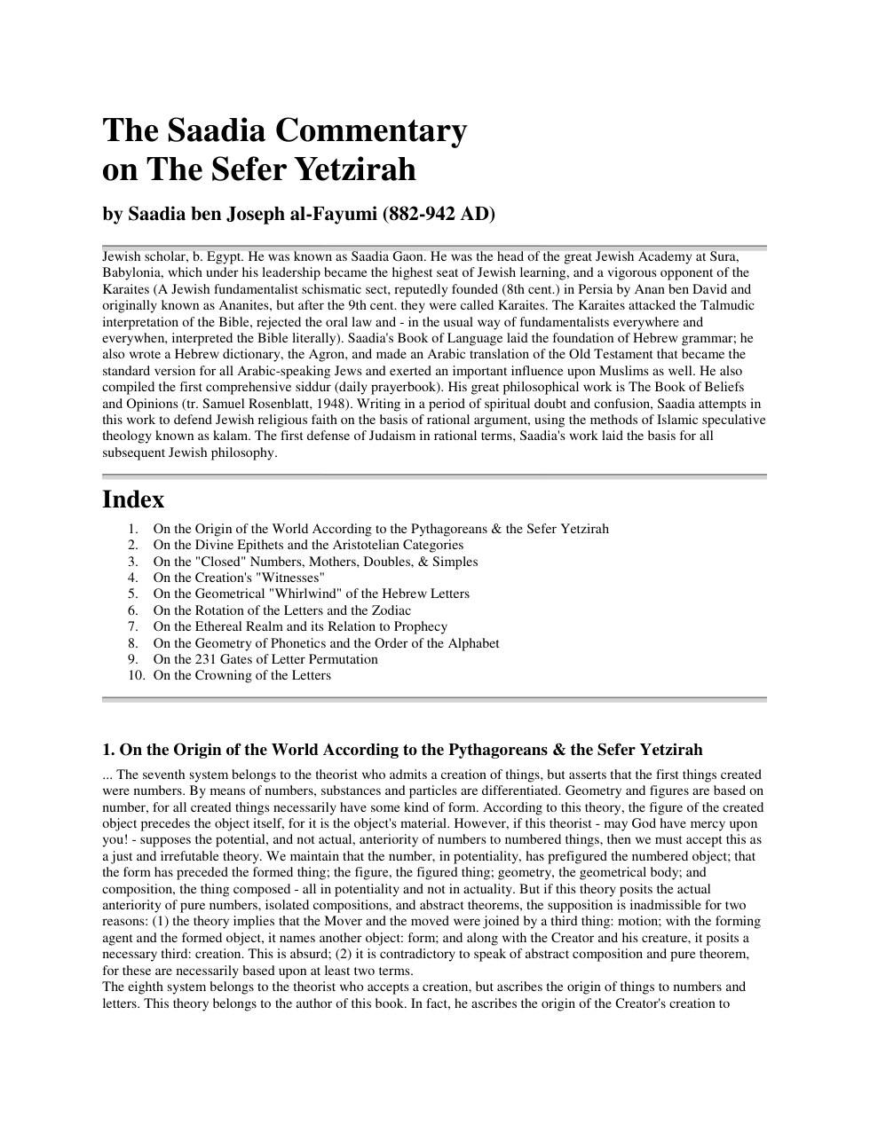 Saadia Commentary on the Sepher Yetzirah cover
