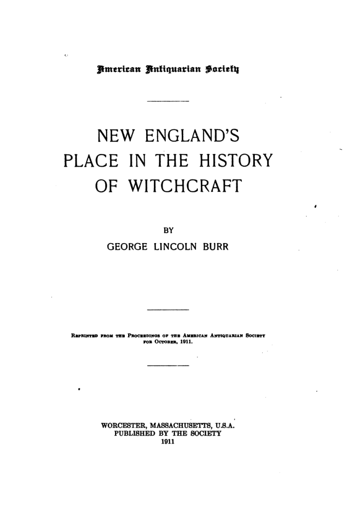 New Englands Place In The History Of Witchcraft - J Burr cover