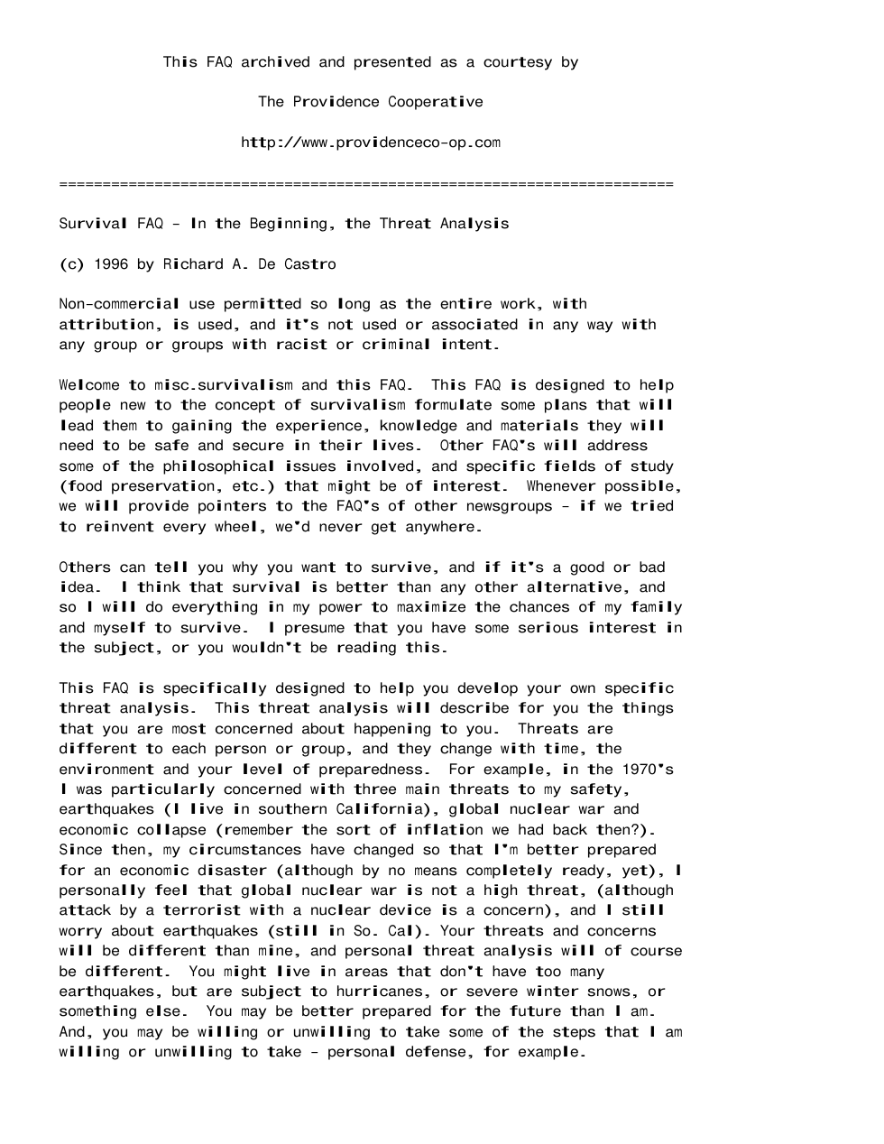 Providence Cooperative Survival FAQ cover