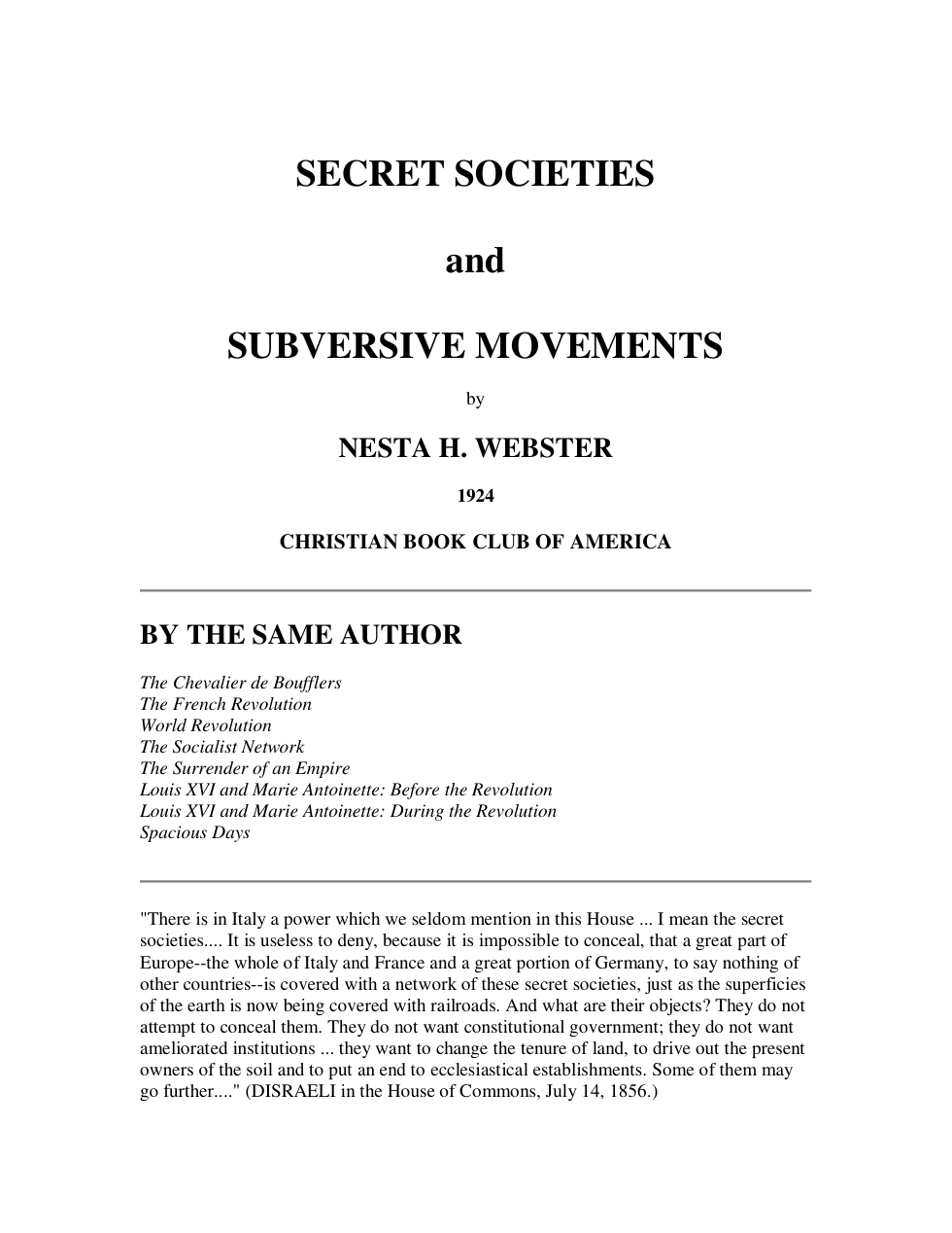 Webster, Nesta H. - Secret Societies and Subersive Movements (1924) cover