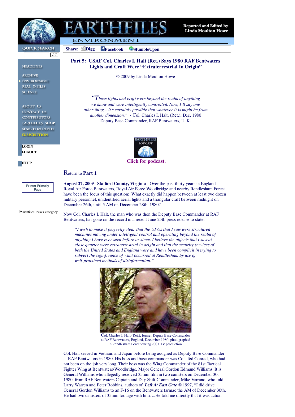 08 27 2009 Part 5 USAF Col. Charles I. Halt (Ret.) Says 1980 RAF Bentwaters Lights and Craft Were Extraterrestrial In Origin cover