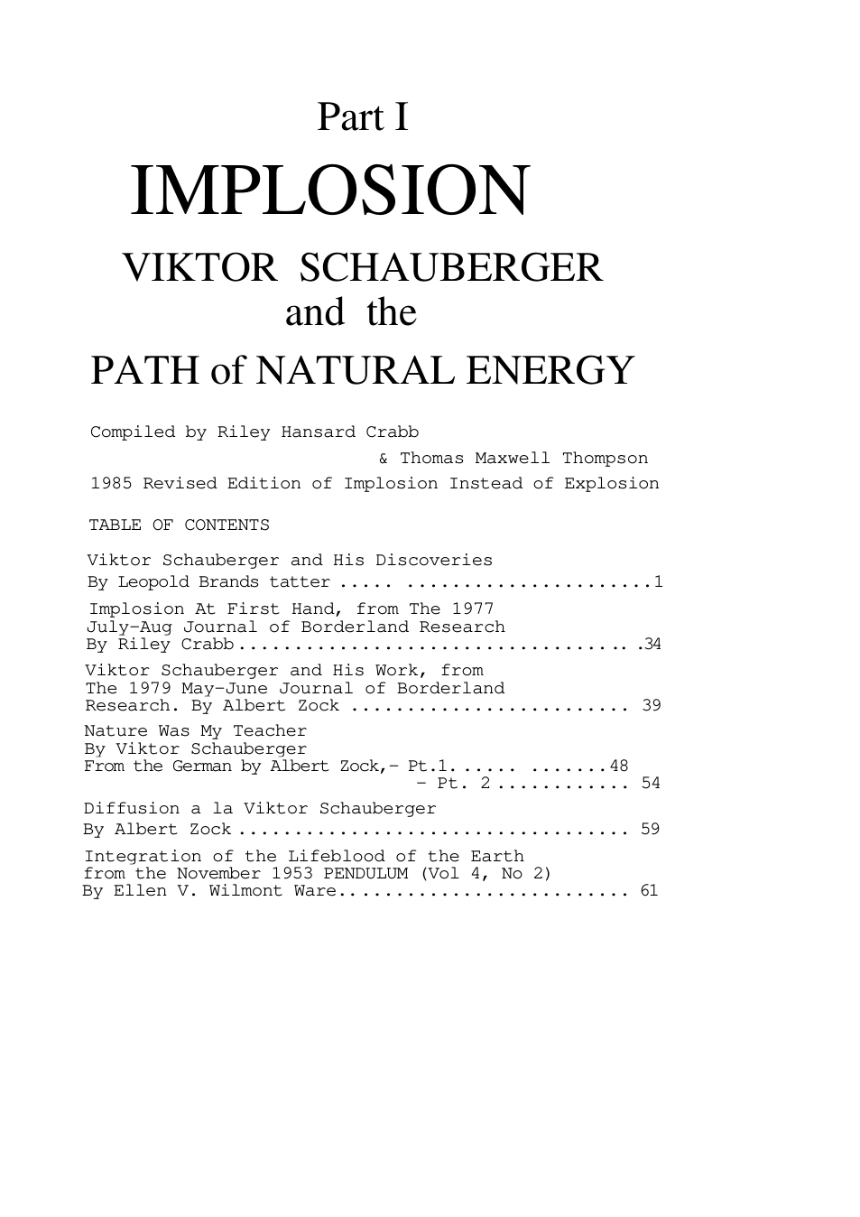 Viktor Schauberger - Implosion and the Path of Natural Energy (1985) cover