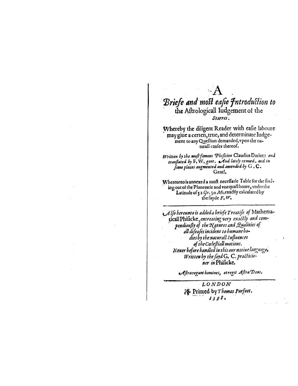 Dariot, Claude - 1558 - A Briefe and Most Easie Introduction to the Stars cover