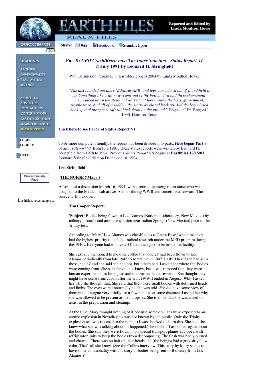 06 05 2004 Part 9 UFO Crash Retrievals The Inner Sanctum - Status Report VI July 1991 by Leonard H. Stringfield cover