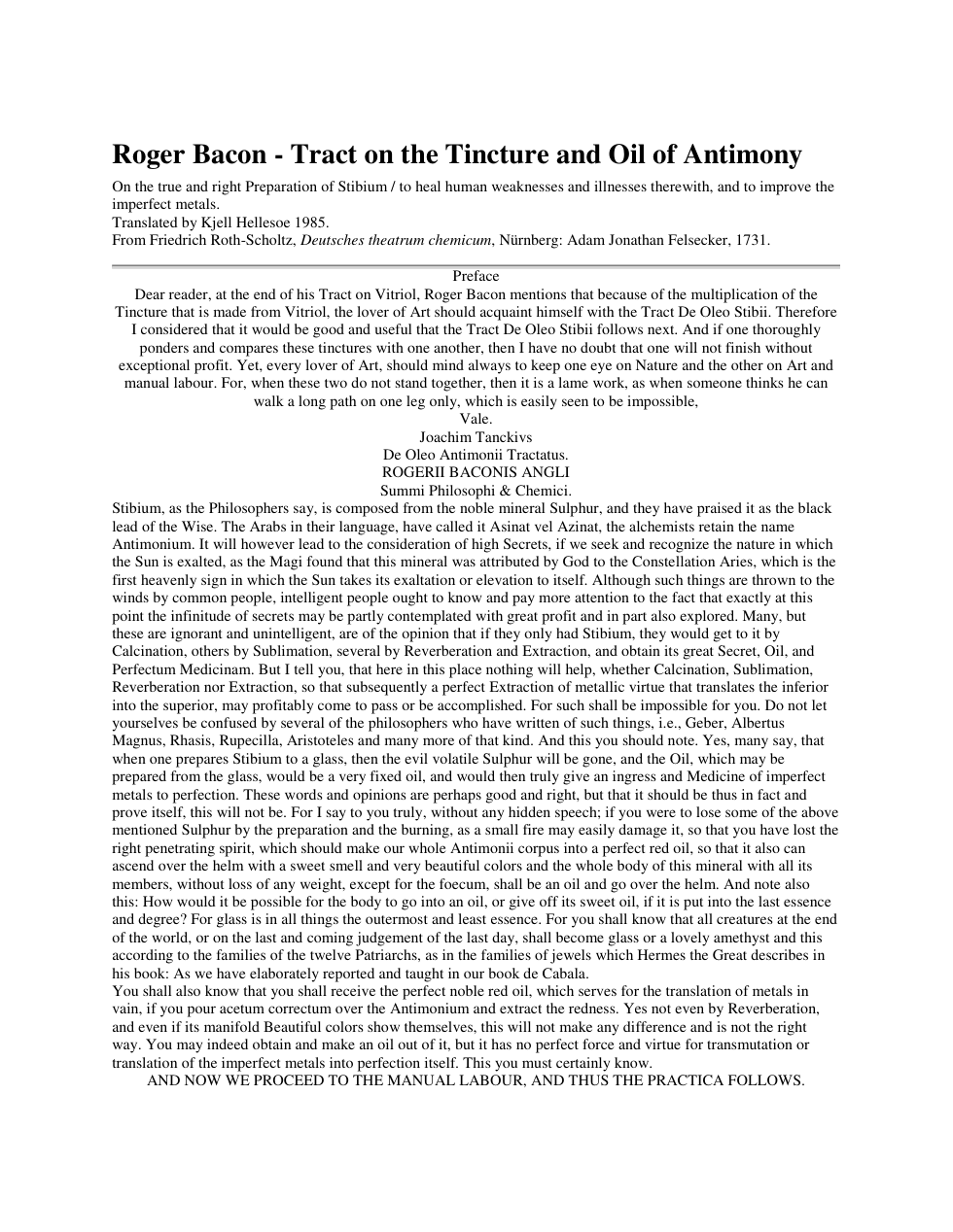 Roger Bacon Tract on the Tincture and Oil of Antimony cover