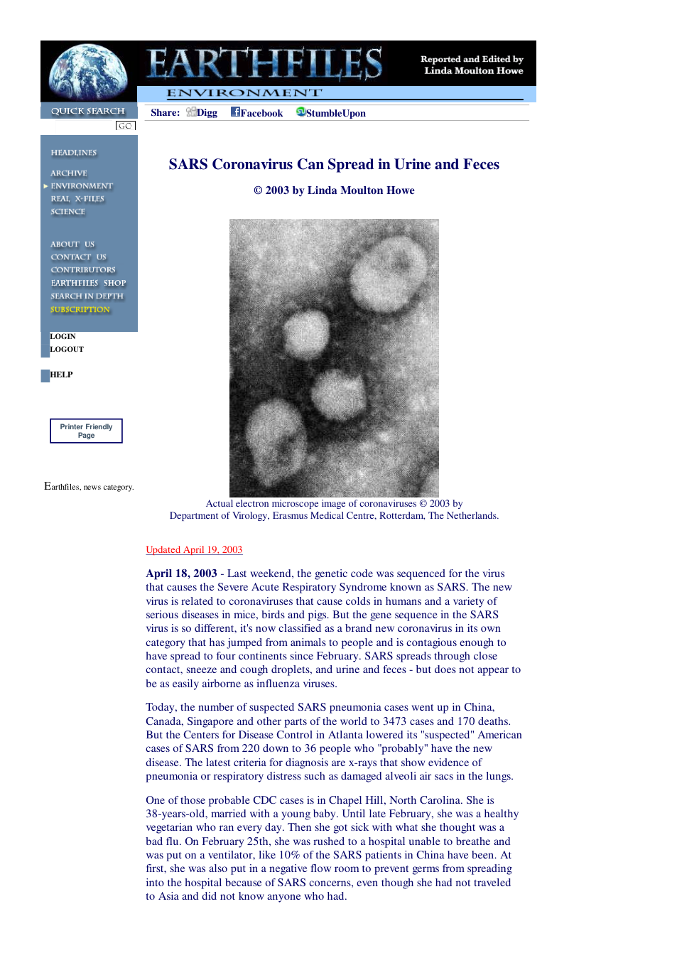 04 18 2003 SARS Coronavirus Can Spread in Urine and Feces cover