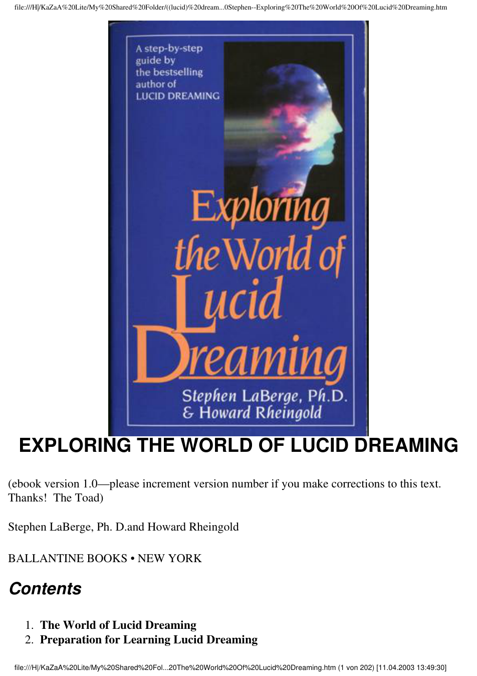 Exploring The World Of Lucid Dreaming - S Laberge cover