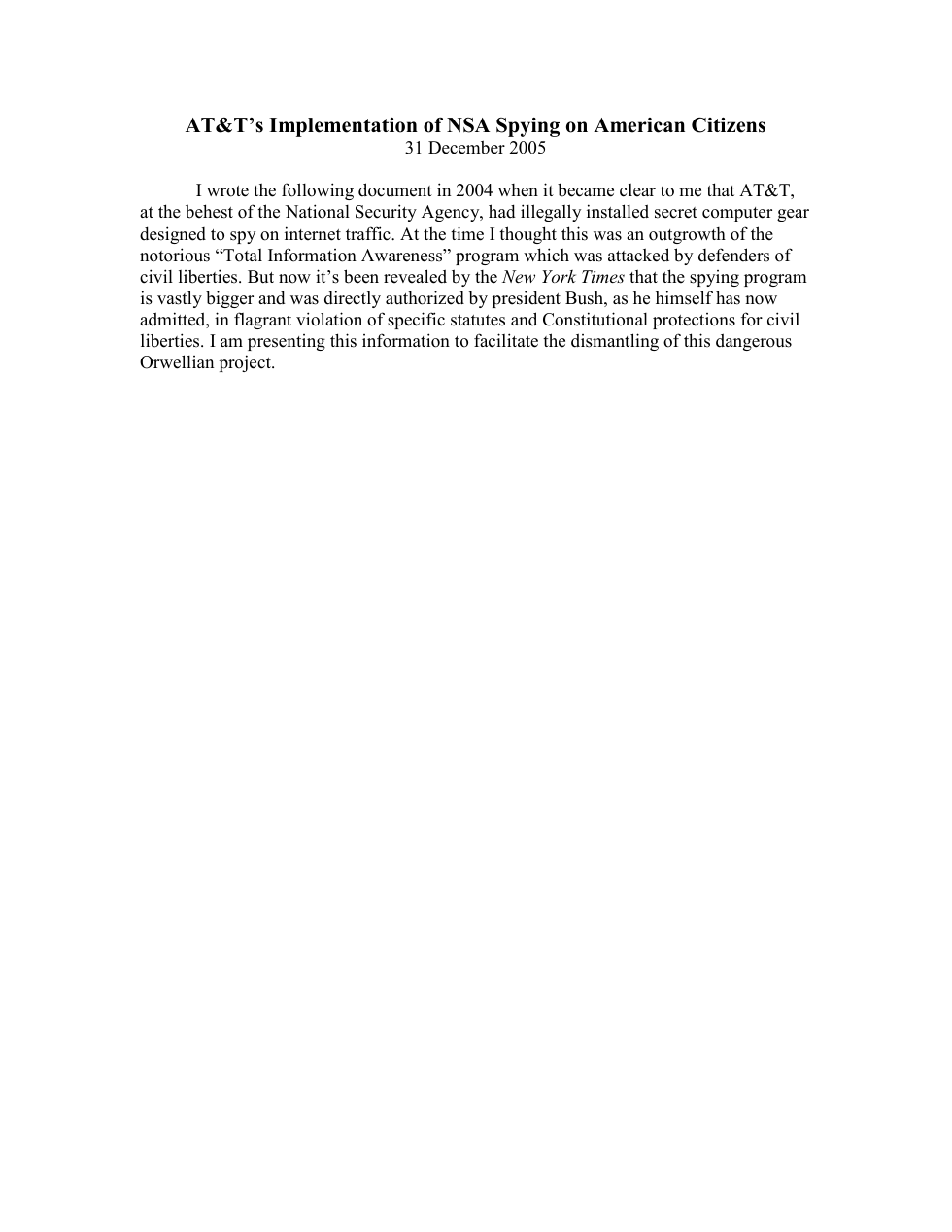 AT&Ts Implementation of NSA Spying on American Citizens (2005) cover