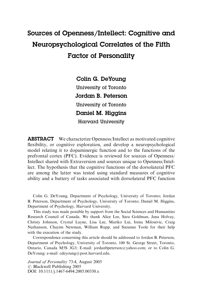 Jordan Peterson - Sources of Openness and Intellect - Cognitive and Neuropyschological Correlates of the Fifth Factor in Personality 2005 cover