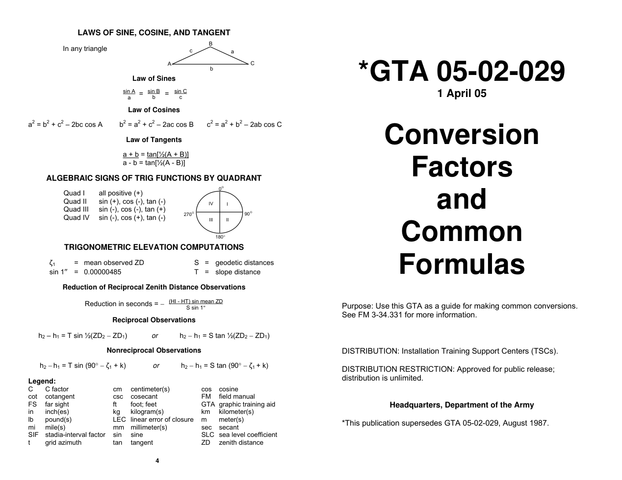 ARMY Basic Math-Conversion Factors,Comm.Formula 2005,2p. cover