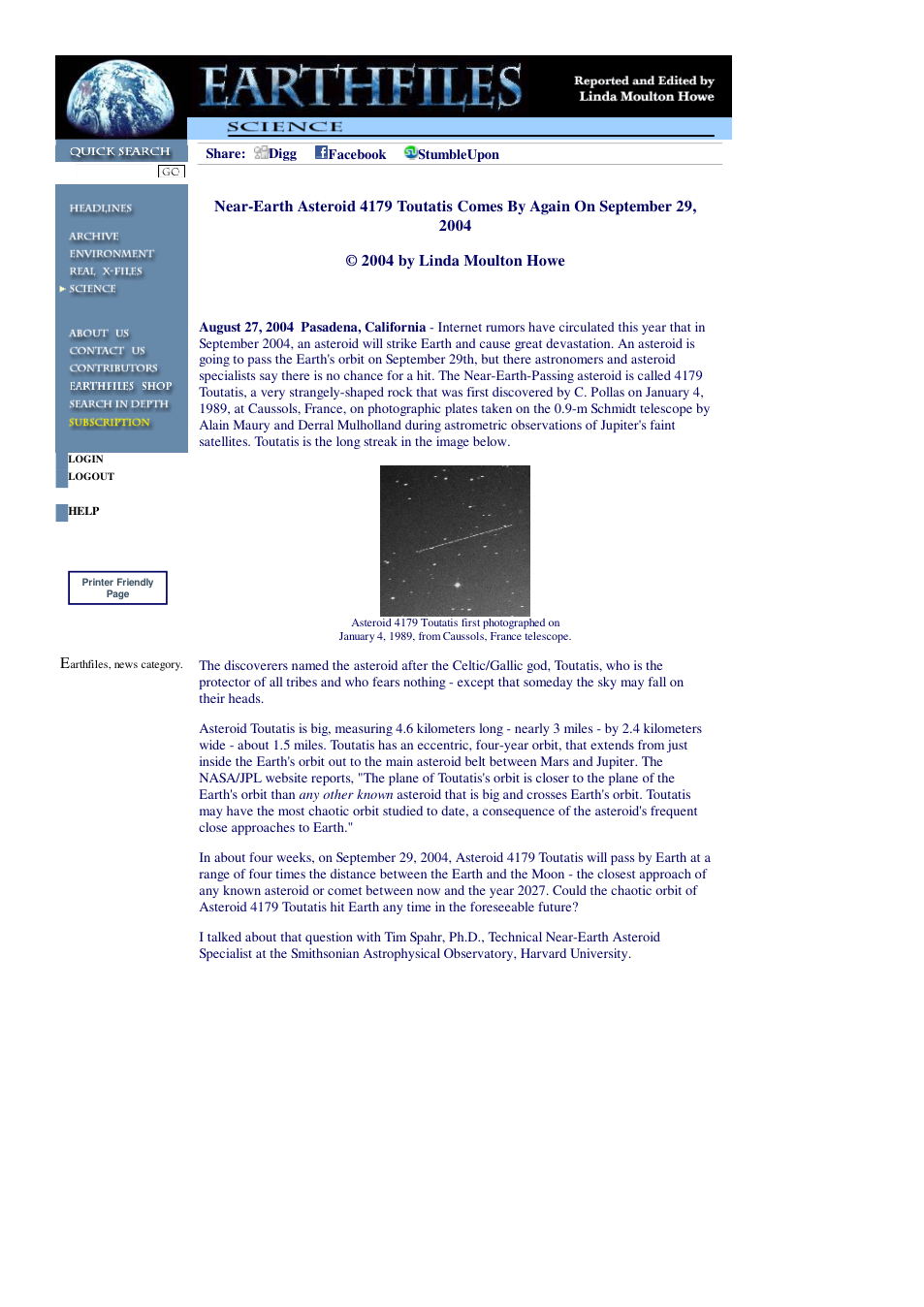08 28 2004 Near-Earth Asteroid 4179 Toutatis Comes By Again On September 29, 2004 cover