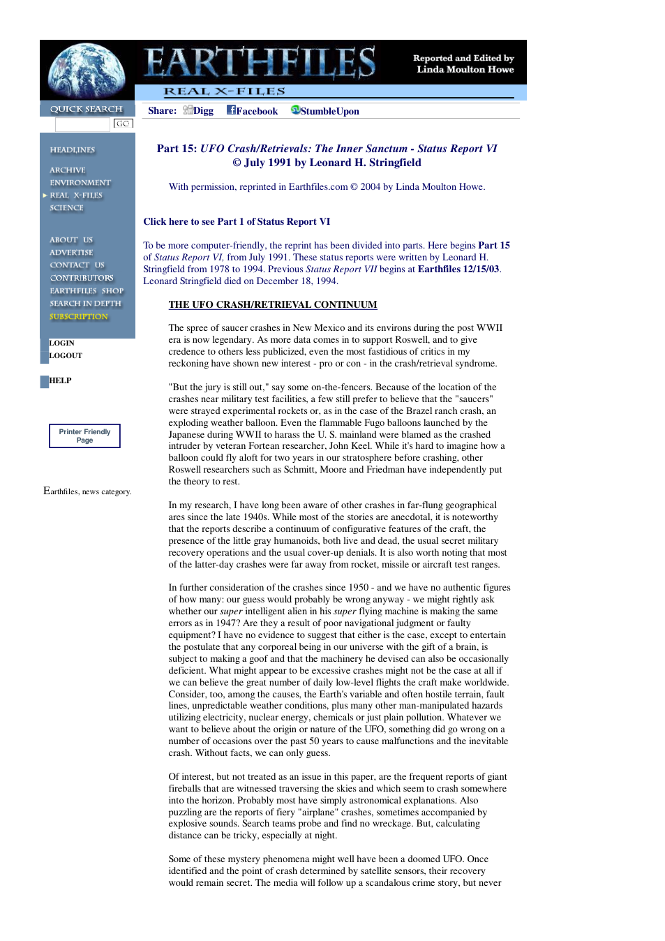 08 13 2004 Part 15 UFO Crash Retrievals The Inner Sanctum - Status Report VI July 1991 by Leonard H. Stringfield cover